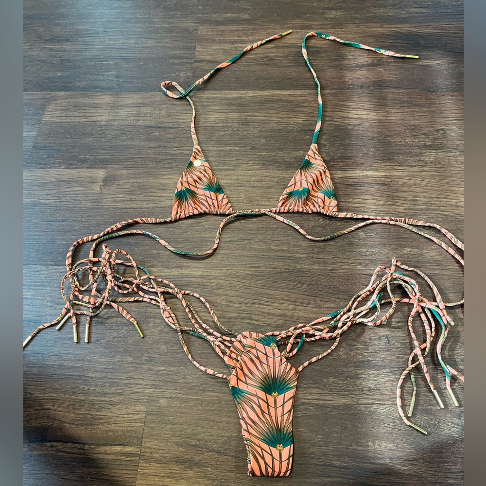 Asherah Swim Henna Thong Bikini in Coral Palm print